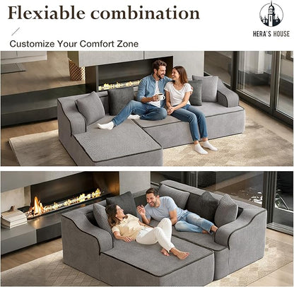 HERA'S HOUSE 105" Cloud Sectional Couch, Modular Upholstered Sofa with L-Shaped Chaise, Corduroy Boneless Couches with Wide Armrest and 5 Throw Pillows for Living Room, No Assembly Required, Grey