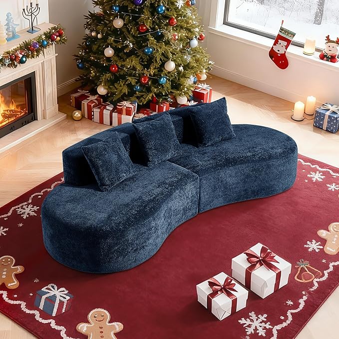 109'' Curved Couch, Mid Century Modern Half Moon Sofa, Luxury 3-Seat Couch with High-Density Foam Filled, Raindrop Velvet Fabric Sectional Sofa for Living Room, Apartment, Office, Blue