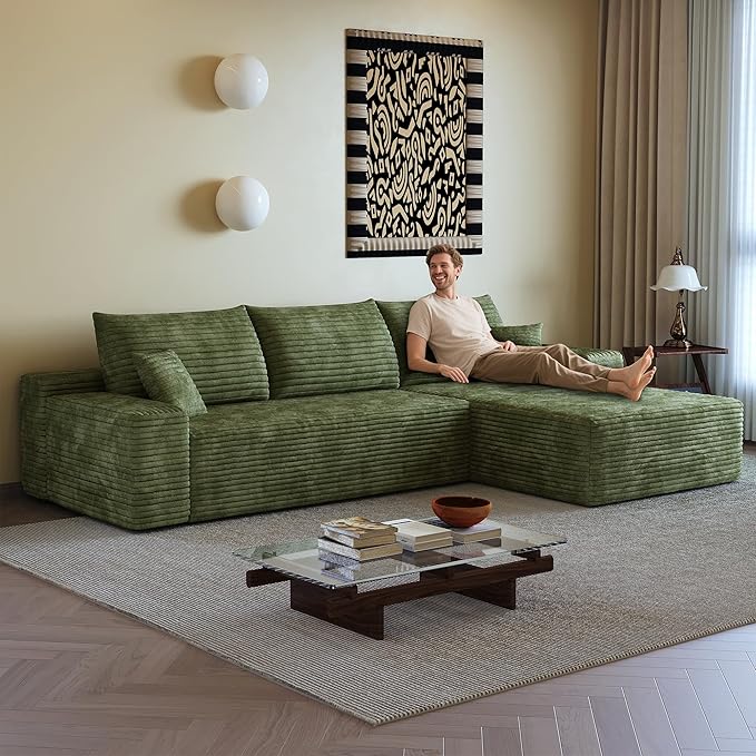 108" Sectional Couches for Living Room Modern Modular Sofa with L-Shape Couchs Upholstered Boneless Couch Deep Seat Sectional Couch with Chaise (Green, Right Facing Chaise+2Seaters)