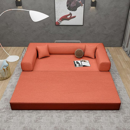Convertible Couch Sofa Bed Foldable Floor Sleeper | All High-Density 35D Foam | Fold Out Deep Seat Couch | King Size | Compression Sofa Sleeper for Living Room, Bedroom | Corduroy Orange