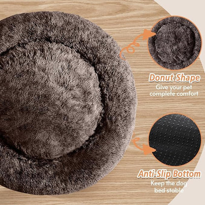 JOLLYVOGUE Calming Dog Bed Medium Size Dog, 31in Donut Washable Medium Pet Bed, Anti-Slip & Anti-Anxiety Fluffy Faux Fur Round Dogs Bed, Fits up to 45 lbs Pets (Chocolate)