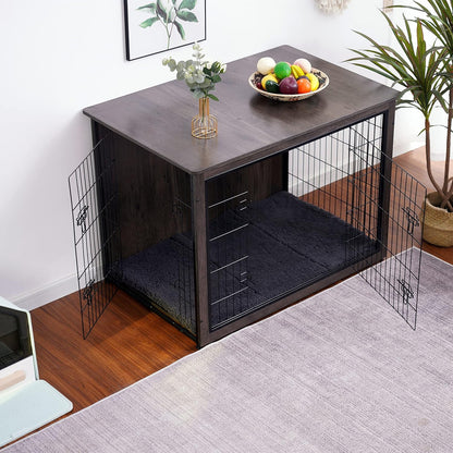 DWANTON Dog Crate Furniture with Cushion, Wooden Kennel Table with Double Doors, Indoor Dog House, Extra Large Size, 43.3" L, Dark Gray