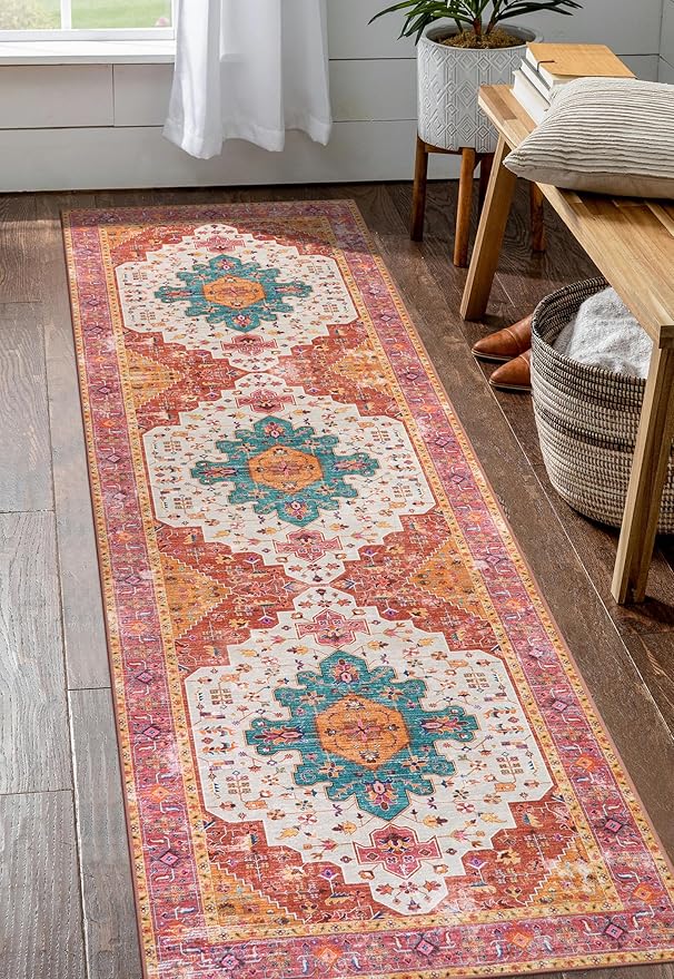 Moynesa Ultra-Thin Washable Runner Rug - 2'6"x8' Pink Runners for Hallways, Boho Non-Slip Bedroom Rug Runner, Vintage Oriental Medallion Kitchen Carpet Runner for Home Entrance Decor