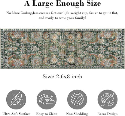 RUGSURE Washable Area Rugs - Perfect for Living Room, Bedroom, Kids Room, Nursery - Stain & Water Resistant Non-Slip, Pet & Child Friendly, Vintage Tribal Area Rugs (Green, 2'6'' x 8')