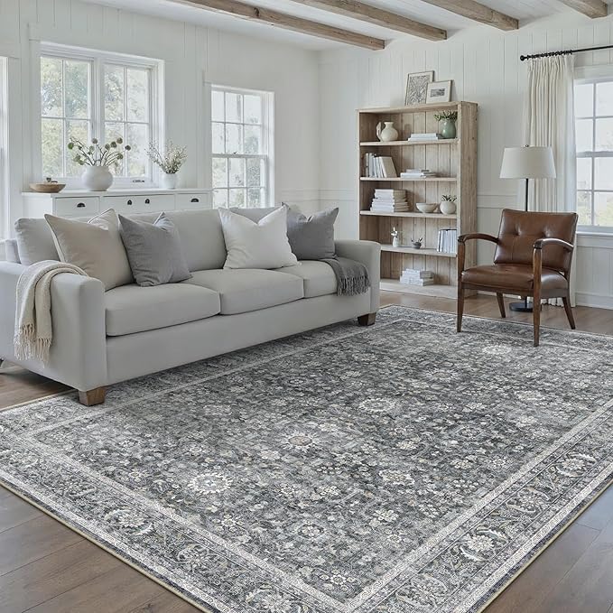 Blue 6x9 Area Rug Non Slip Vintage Living Room Distressed Machine Washable Carpet Retro Indoor Bedroom Traditional Floral Accent Throw Rug for Office Kitchen Dorm Dining Room