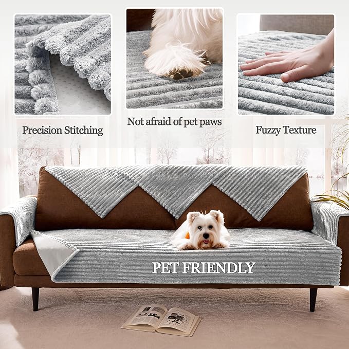 Dual Non-Slip Couch Cover for Dogs Waterproof, Fuzzy Soft Pet Couch Covers for Sofa 3 Cushion, Pet Friendly Soft Dog Bed Covers Sofa Cover Washable (Seagull Gray, 33" x 85" 1 Pack)
