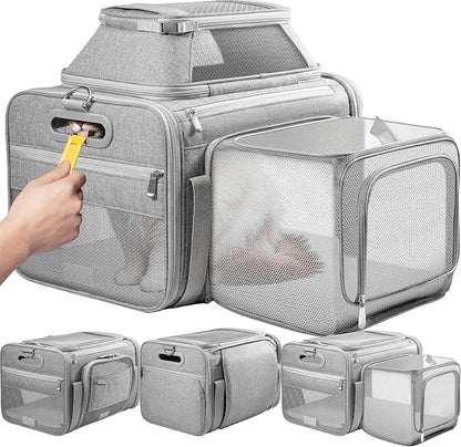 Top-Side Expandable Pet Carrier, Treat Window,18x13x9.5 Airline Approved | for Southwest Frontier,Soft-Sided Cat Carrier, Anti-Scratch Mesh, Lockable Zippers,Dog Carrier for Kitten,Rabbit,Puppy, Grey