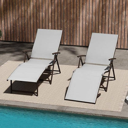 VredHom 2PCS Patio Chaise Lounge Outdoor Adjustable Folding Lounge Chair Recliner with 8 Adjustable Backrest Positions for Pool Beach Yard, Light Grey Textliene & Brown Aluminum Frame