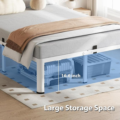 18 Inch Full Size White Bed Frame, 3500Lbs Heavy Duty Metal Platform with Round Corner Legs Mattress Slide Stopper, Steel Slat Support No Box Spring Needed, Noise Free, Non-Slip, Easy Assembly