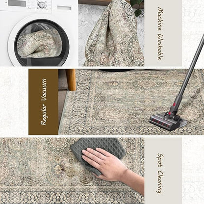 Area Rug 2x3 Distressed Small Entryway Rug Vintage Doormat Faux Wool Non-Slip Washable Low-Pile Floor Carpet for Indoor Front Entrance Kitchen Bathroom…