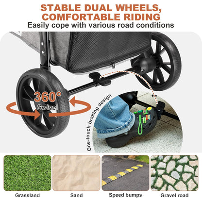 Medium Dog Stroller, Dual Entry One-Touch Folding,Small and Medium Pet Stroller,360° Rotating Front Wheels,70 lbs Weight Capacity for Outdoor Travel and Elderly Dogs - Gray