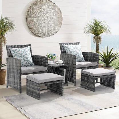 OC Orange-Casual 5 Piece Patio Furniture Set, Wicker Outdoor Conversation Chair and Ottoman Set with Coffee Table, Pillows Included, for Balcony, Porch, Deck, Light Grey