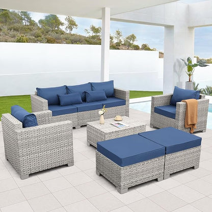 WAROOM Patio Furniture Set 6 Piece Outdoor Patio Set Grey Wicker Balcony Furniture Conversation Sets PE Rattan Couch Sofa with Coffee Table, Blue Cushion