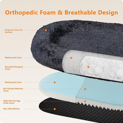 Human Dog Bed for Adult, Orthopedic Gel Memory Foam, 71"x47"x9" | Human Dog Bed Fits Adult & Pets, Reversible Egg-Crate Foam Cushion, Washable Pet Bed with Blanket, Graphite Grey