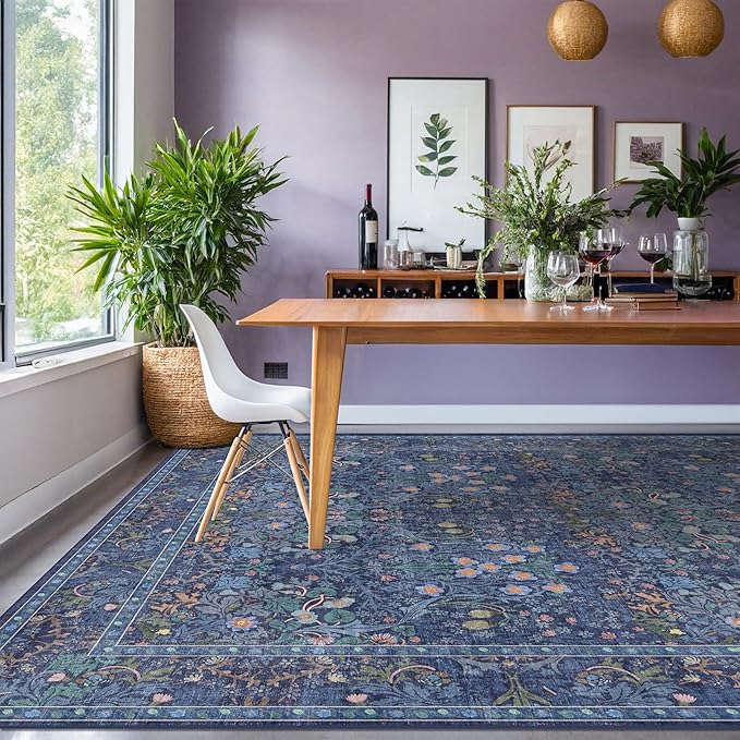 Dining Room Rugs for Under Table - 6x8 Washable Dark Blue Oriental Area Rug for Living Room, Low Pile Non-Slip Floor Carpet for Bedroom - Vintage Design & Stain Resistance (6x8 Navy Blue)