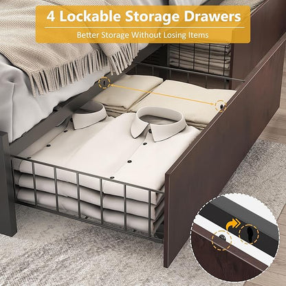 Lifezone Queen Bed Frame with 2-Tier Storage Headboard, Metal Platform Bed Frame with 4 Storage Drawers, Built in Charging Station & LED, Noise-Free/Metal Support/No Box Spring Needed, Coffee Brown