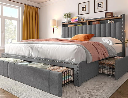 EnHomee King Size Bed Frame, Upholstered King Bed Frame with 4 Storage Drawers & 2-Tier Headboard Shelves, 1200LBS Heavy Duty, No Box Spring Needed, Easy Assembly, Grey