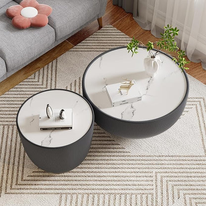 Round Coffee Table Set with Sintered Stone Tabletop, 27.56" Grey Drum Center Table and 19.69" Grey Coffee Table Set, 2 Pieces Living Room Table Set with Fluted PU Leather Cover& Metal Base