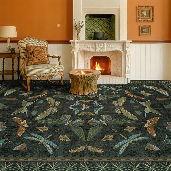 6x8 Dark Green Washable Dining Room Rug - Vintage Area Rug for Living Room, Bedroom Under Bed Low Pile & Soft, Insect Moth Floral Non Slip Low Pile Floor Carpet