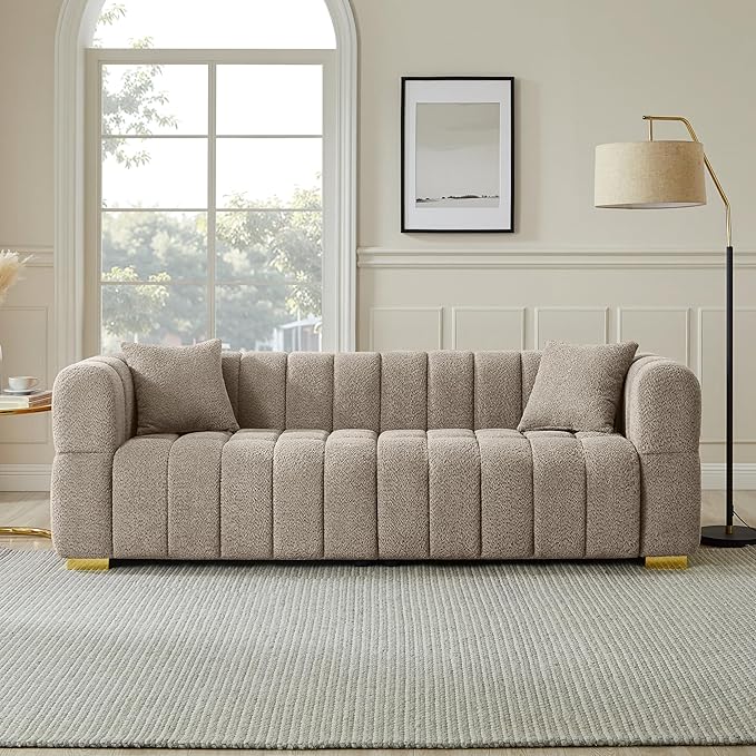VANOMi 90.94”Cloud Sofa Couch, Modern Deep Seat Boucle Sofa, Oversized Upholstered 3-Seater Comfy Couch Loveseat for Living Room, Bedroom, Office, Apartment, Camel (1 Piece)