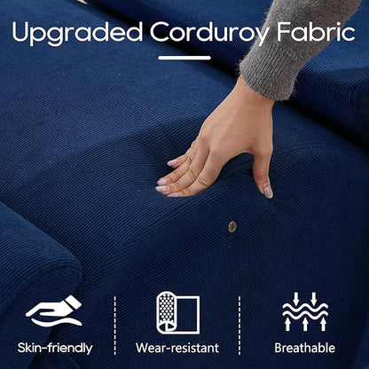 DRMBOOK Yoga Chairs for Adults, Corduroy Fabric Chaise Lounge with Headrest, Boneless Yoga Sofa Couch with Waist Cushion, Movable Footrest, Side Pockets for Relaxation Exercise Stretching (Blue)