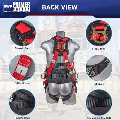 Fall Protection Hammerhead Kit I 5pt Safety Harness, 6' Double Leg Lanyard, 18" D-Ring Extender (Red - LG)
