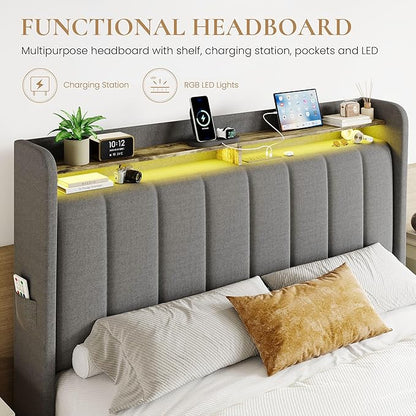 SHA CERLIN Queen Platform Bed Frame with Vertical Channel Tufted Wingback Headboard & 2 Storage Drawers/2-Tier Shelves with LED Lights & Charging Station/Noise-Free/No Box Spring Needed/Dark Grey