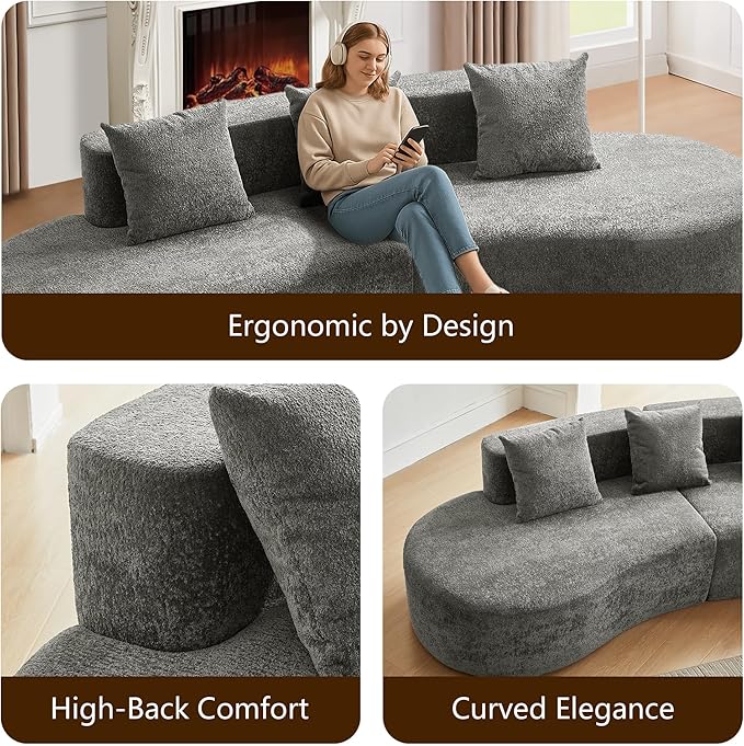 109'' Curved Couch, Mid Century Modern Half Moon Sofa, Luxury 3-Seat Couch with High-Density Foam Filled, Raindrop Velvet Fabric Sectional Sofa for Living Room, Apartment, Office, Grey