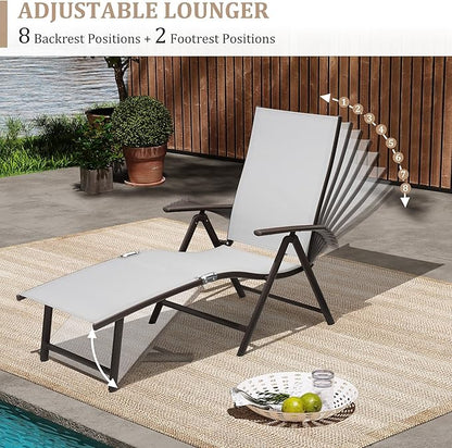 VredHom 2PCS Patio Chaise Lounge Outdoor Adjustable Folding Lounge Chair Recliner with 8 Adjustable Backrest Positions for Pool Beach Yard, Light Grey Textliene & Brown Aluminum Frame