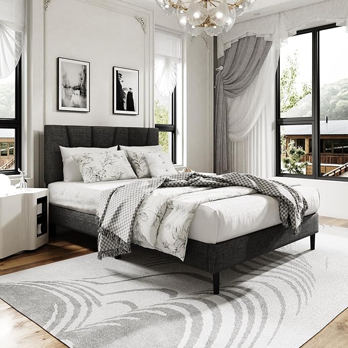 King Size Platform Bed Frame with Modern Upholstered Headboard, Wooden Slats Support, Noise Free, No Box Spring Needed, Easy Assembly, Dark Grey, Linen