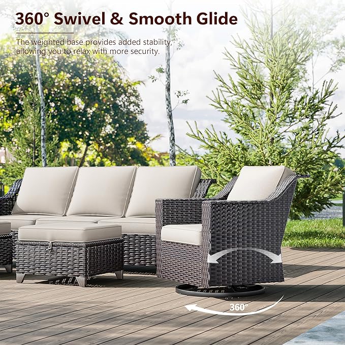 Wicker Patio Swivel Chairs, Outdoor Rocking Chair with Wide Armrest, Thickened Cushions, Patio Rattan Furniture for Deck, Porch Use