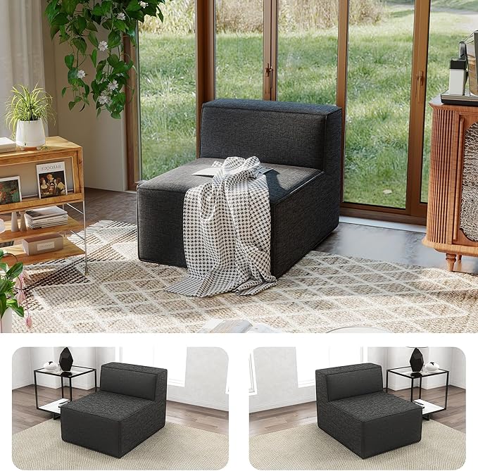 38“ Modular Sectional Sofa Convertible Cube Thick Couch Seat Set, Combine L-Shaped U-Shaped, Free Assembly, Space-Saving for Living Room, Fabric Chenille Black Grey (Only Armless)