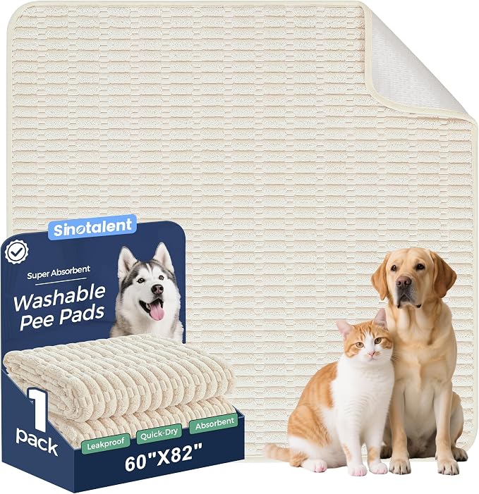 Washable Pee Pads for Dogs Puppy Pad, Cream White 60”x82” 1 Pack | High Absorbent Dog Pee Pad Leak Proof Cat Rugs, Reusable Non Slip Pet Mat, Wee Wee Pads for Training, Crate and Floor