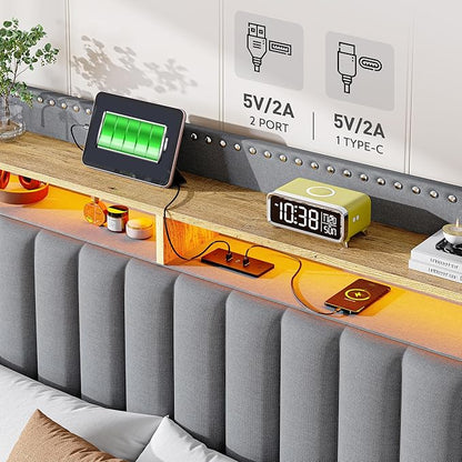 EnHomee Full Size Bed Frame with 2-Tier Storage Headboard & Charging Station, LED Platform Bed Frame with 2 Storage Drawers, Sturdy Wooden Slats Support, Noise-Free, No Box Spring Needed, Grey