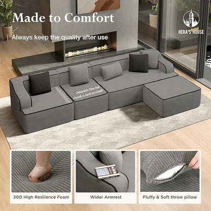 HERA'S HOUSE 134" Cloud Sectional Couch, L-Shaped Modular Upholstered Sofa with Ottoman, Corduroy Boneless Couches with Wide Armrest and 5 Throw Pillows for Living Room, No Assembly Required, Grey