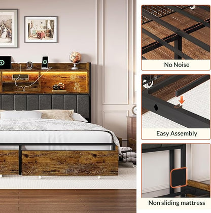 LARMACE Queen Bed Frame with 6 Storage Drawers, Bed Frame Queen Size with Linen Upholstered Headboard, Built in Charging Station and LED, No Noise, Metal Support, No Box Spring Needed,Vintage Brown