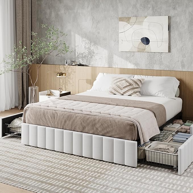 Allewie Full Size Platform Bed Frame with 4 Large Storage Drawers, Velvet Vertical Channel Tufted Upholstered Bed Base, Wooden Slats Support, Noise-Free, No Box Spring Needed, Easy Assembly, White