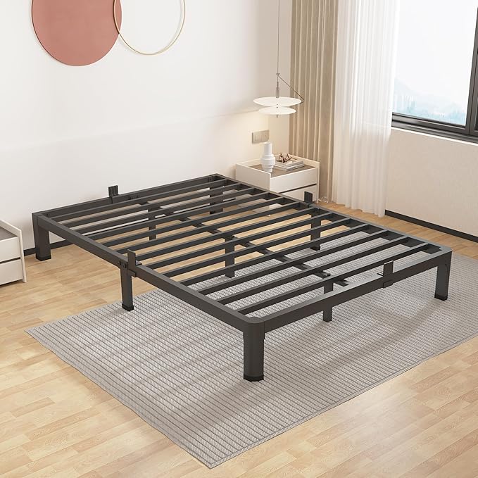 ROIL 10 Inch Queen Bed Frame with Rounded Corner Low Profile Metal Platform 3500LBS Heavy Duty Steel Slats No Box Spring Needed Noise-Free Easy Assembly