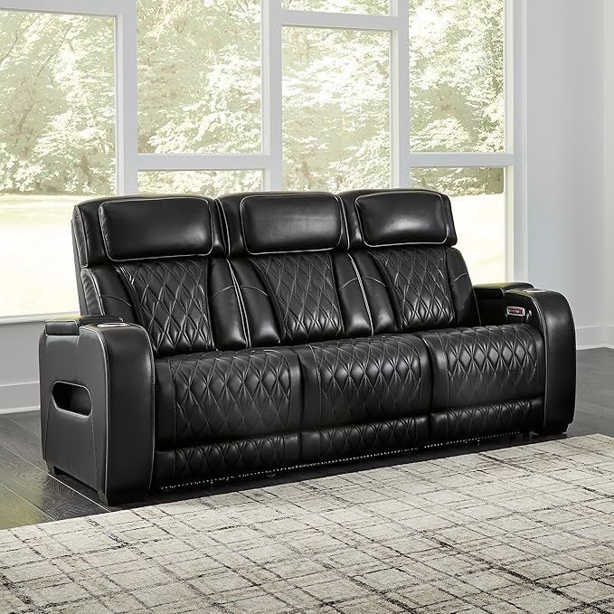 Signature Design by Ashley Boyington Contemporary Leather Match Power Reclining Sofa with Adjustable Headrest, Cup Holder, USB Charging Ports, Air Massage System and LED Lighting, Black