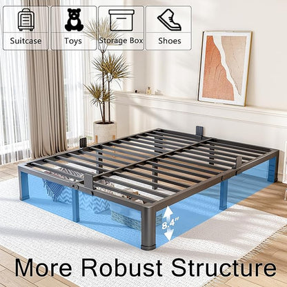 FUIOBYVV 10 Inch Queen Bed Frame with Rounded Corner and Headboard Hole Mattress Retainers 3500 LBS Metal Heavy Duty Steel Slats Support No Box Spring Needed Platform Noise Free Easy Assembly