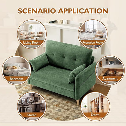 47" Small Sofa Couch for Bedroom, Soft Chenille loveseat Mini Couch with Throw Pillow and Removable Cushion Cover for Small Spaces, Living Room, Apartment, Dorm, Office(Green)