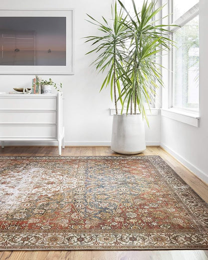 Loloi Layla Collection LAY-05 Ocean/Multi 3'-6" x 5'-6" .13" Thick Accent Rug, Soft, Durable, Vintage Inspired, Distressed, Low Pile, Non-Shedding, Easy Clean, Printed, Living Room Rug