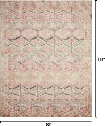 Loloi Layla Collection LAY-17 Pink/Lagoon 7'-6" x 9'-6" .13" Thick Area Rug, Soft, Durable, Vintage Inspired, Distressed, Low Pile, Non-Shedding, Easy Clean, Printed, Living Room Rug