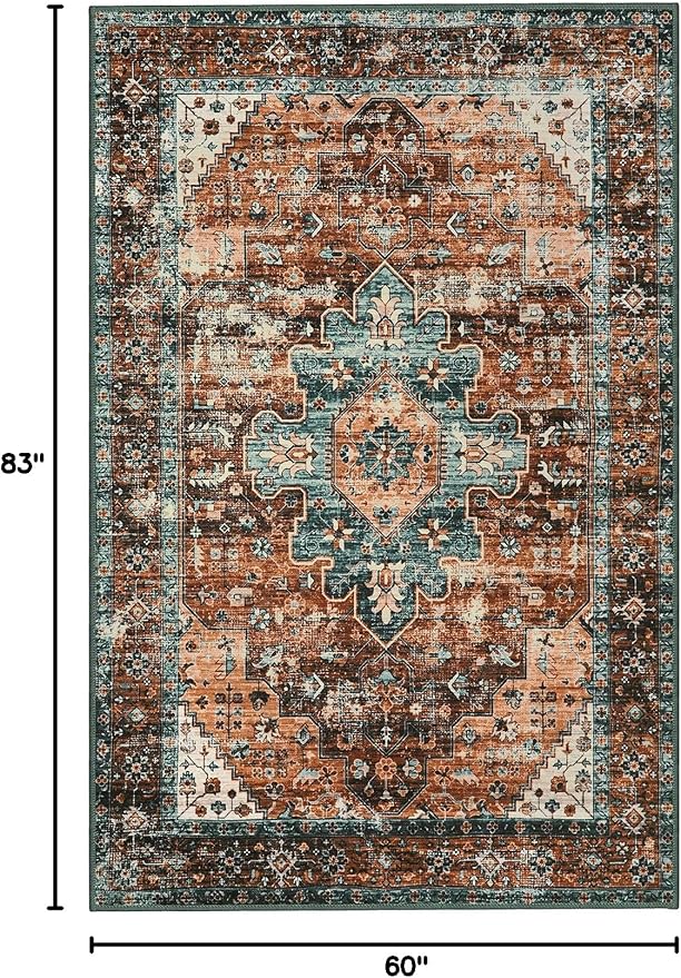 Moynesa Ultra-Thin Washable Vintage Area Rug - 5x7 Large Boho Non-Slip Rug for Bedroom Living Room Oriental Medallion Non-Shedding Print Floor Carpet for Dining Room Home, Brick Red/Dull Teal