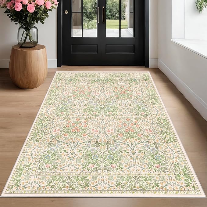 Washable Beige Green 5x8 Area Rug for Large Entryway, Living Room, Kids Room, Boy Bedroom, Playroom - Vintage Oriental Rug Low Pile Non Slip & Stain Resistance (5x8 Beige Green)