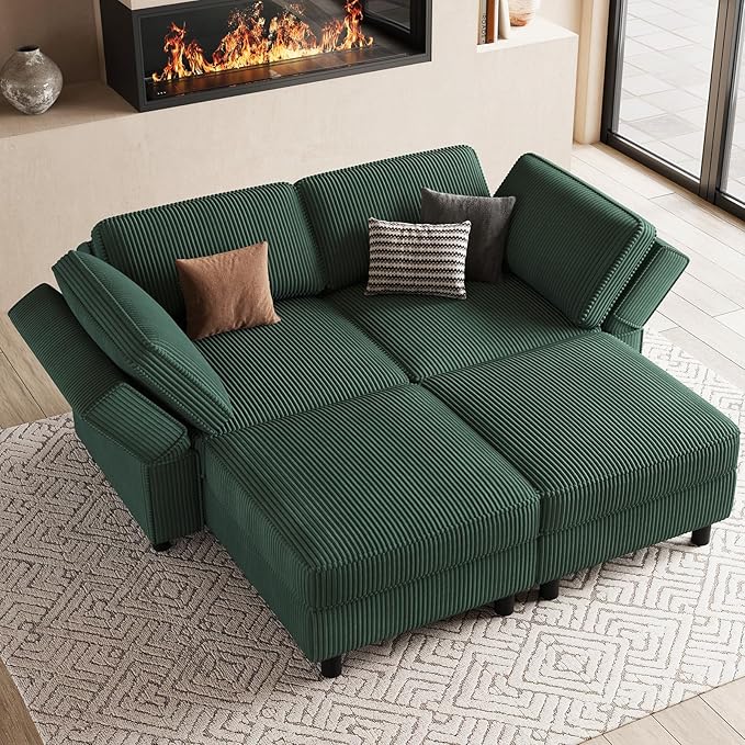 63" Modular Sectional Sofa with Storage Seat,Corduroy Sectional Couch Convertible 4 Seat Modular Sleeper Sofa Couch with Movable Ottoman Chaise,Comfy Sectional Couches for Living Room,Green
