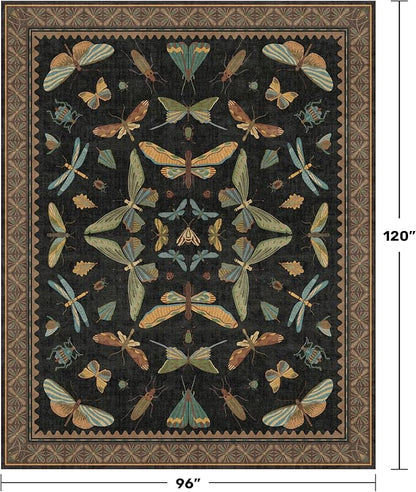 Black Washable Insect Area Rugs 8x10 for Living Room, Bedroom, Dining Room Under Table, Playroom, Large Dark Whimscal Boho Indoor Rug, Ultra Soft Low Pile Non Slip
