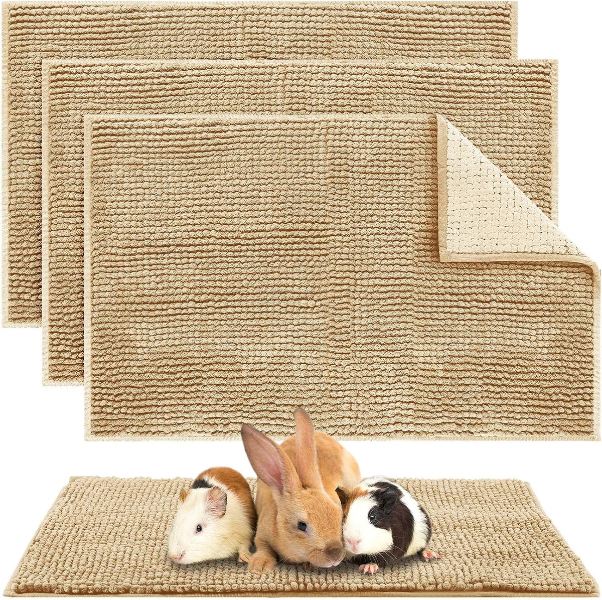 Amylove 4 Pcs Guinea Pig Cage Liner Guinea Pig Bedding Washable Fleece Pee Pads Reusable Small Animals Training Mat Small Animal Sleeping Bed for Bunny Hamster (Beige,16 x 24 Inch)
