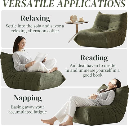 Bean Bag Chair, Fireside Chair Bean Bag Sofa for Adults, Bean Bag Chairs for Teens with High-Resilience Foam, Memory Foam & Non-Slip Base Bean Bag for Living Room, Bedroom, Office (Teddy, Green)