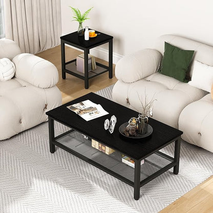 AWQM Coffee Table Set of 3, Industrial Coffee Table with 2 Square End Side Tables, Modern Living Room Table Set with Metal Frame for Apartment Home Office, Black